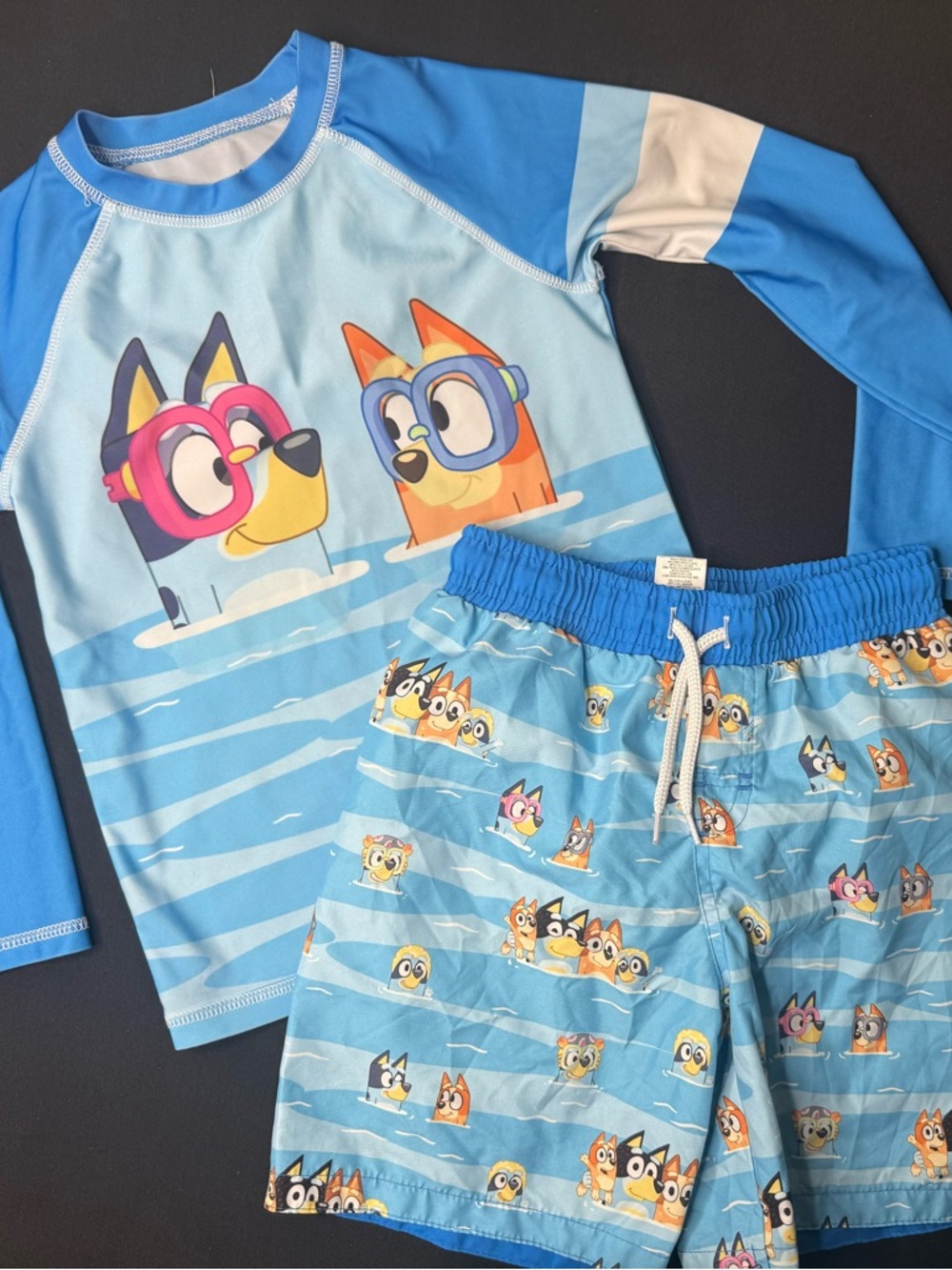 Kids Bluey Cartoon Swim Set - Dog Goggles Rash Guard & Shorts size 6/7